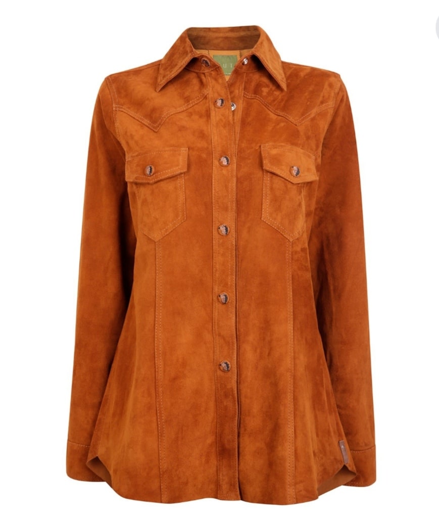 Women's Stylish Dark Brown Suede Trucker Leather Shirt