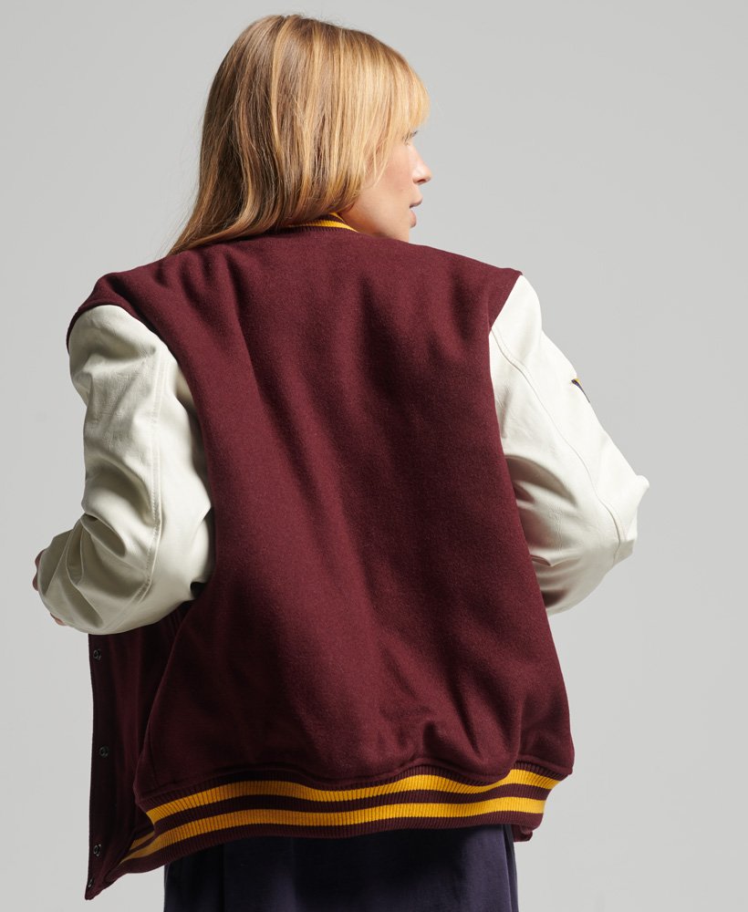 Women's Maroon &amp; White Sleeve Varsity Bomber Leather Jacket