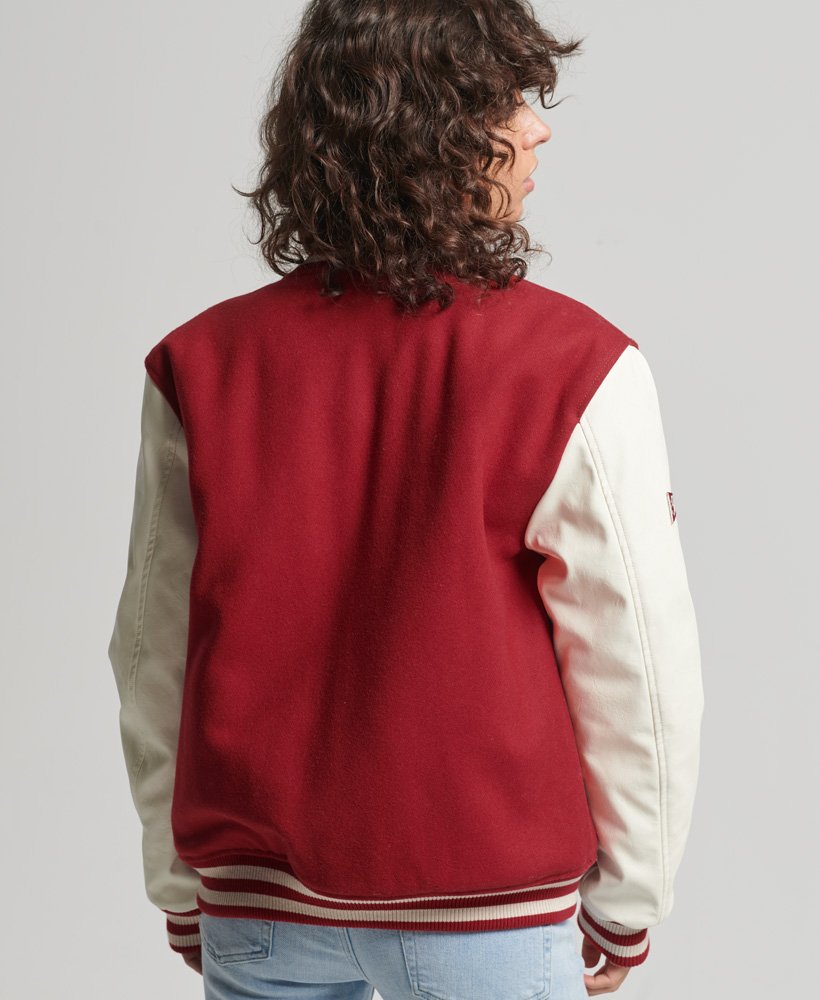 Women's Red & White Sleeves Varsity Bomber Leather Jacket