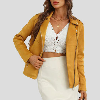 Women's Yellow Suede Leather Moto Biker Jacket