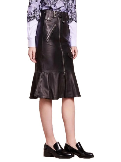 Black Leather Skirt with Zipper Pockets

